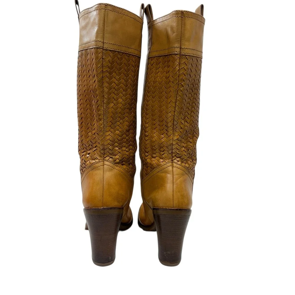 Cole Haan Woven Leather Tall Boots Womens 8.5 Block Heel Lug Sole Camel Tan - Picture 4 of 12